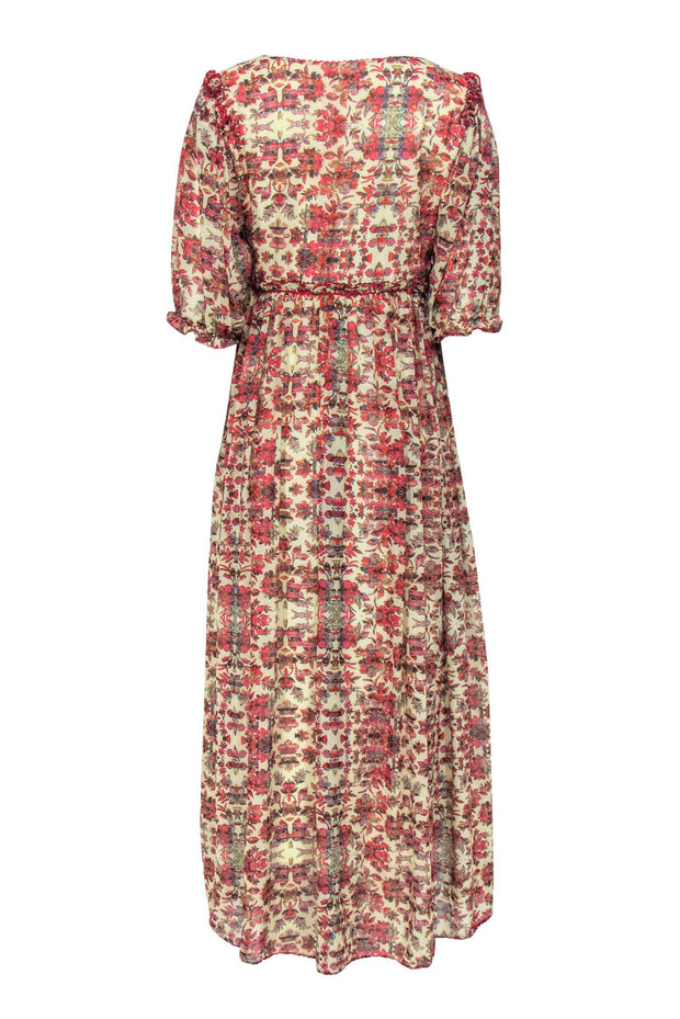 Current Boutique-Bhanuni - Beige & Red Floral Print Maxi Dress w/ Beading & Sequins Sz 8