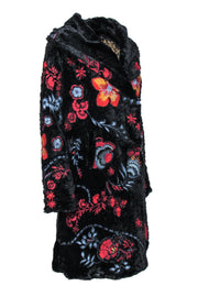 Current Boutique-Biya Johnny Was - Black Faux Fur Floral Embroidered Hooded Longline Coat Sz XS