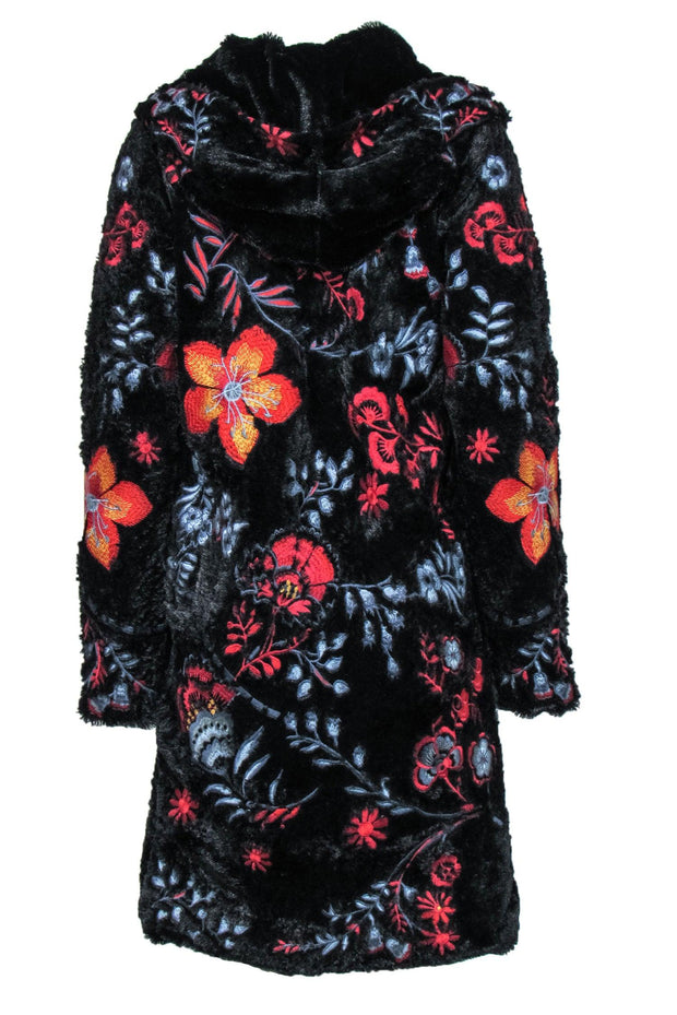 Current Boutique-Biya Johnny Was - Black Faux Fur Floral Embroidered Hooded Longline Coat Sz XS