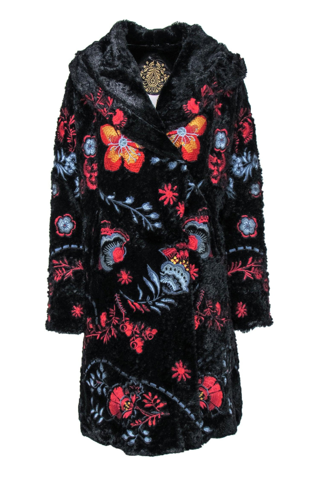 NWT Biya Johnny Was Atrium Black Faux deals Fur Embroidered Coat with hood and pockets