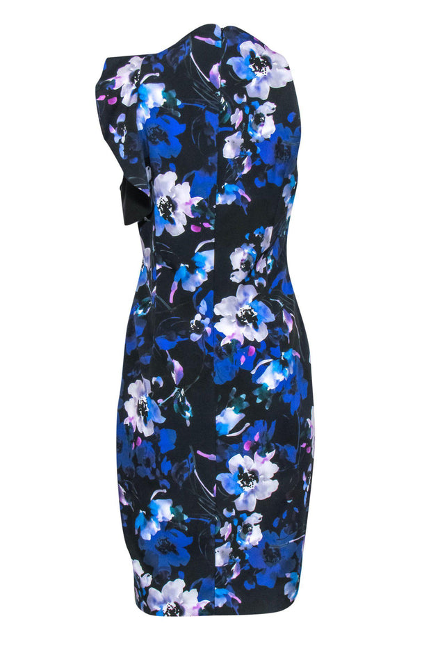 Current Boutique-Black Halo - Black & Blue Floral Printed Ruffle Dress Sz 8