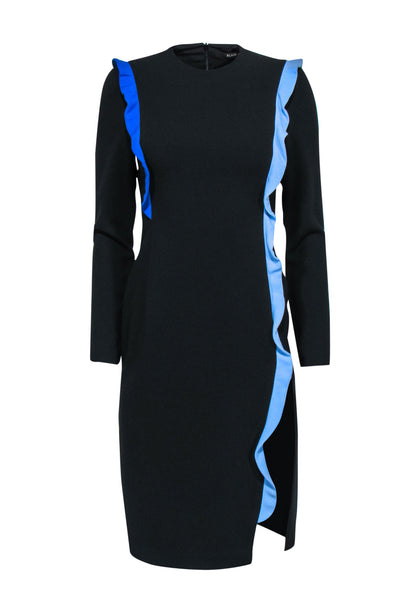 Current Boutique-Black Halo - Black Long Sleeve Midi Dress w/ Blue Ruffled Trim Sz 2