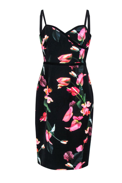 Current Boutique-Black Halo - Black & Pink Floral Print Dress w/ Piping Sz 12