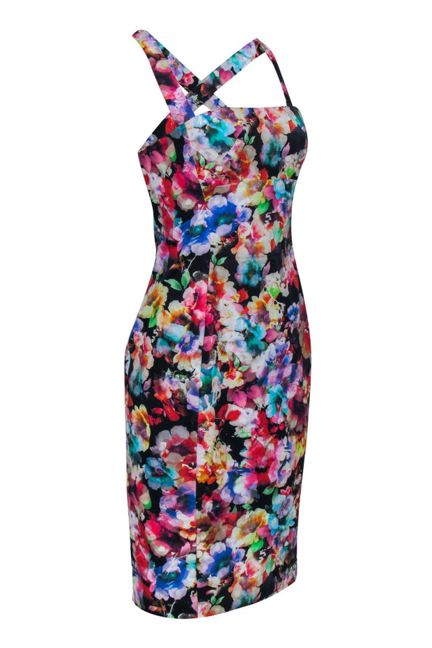 Current Boutique-Black Halo - Bright Floral Printed Cross-Back Sheath Dress Sz 6
