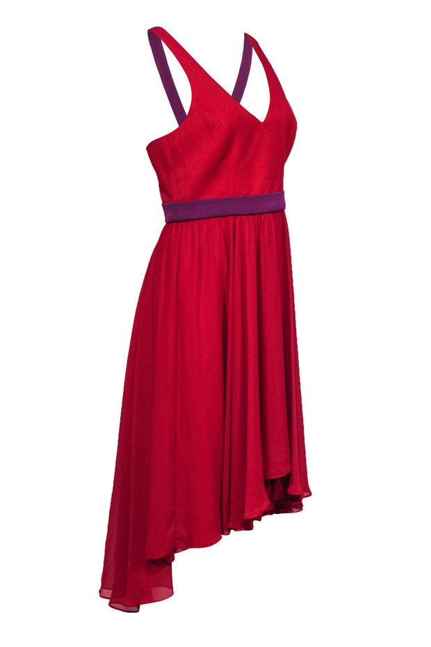 Current Boutique-Black Halo - Red & Purple Contrast Trim High Low Cocktail Dress w/ Fitted Bodice & Flowy Skirt Sz 10