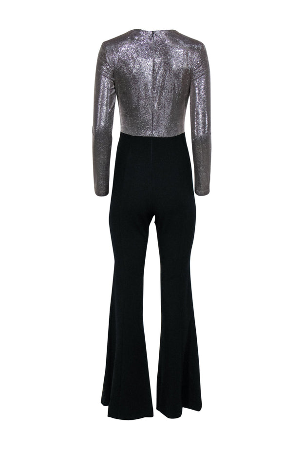 Current Boutique-Black Halo - Silver & Black Sparky Knotted Flared Jumpsuit w/ Cutout Sz 2