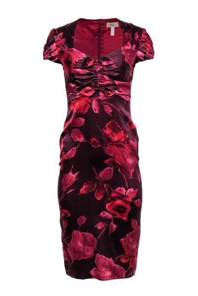 Current Boutique-Blumarine - Purple & Pink Floral Satin Sheath Dress w/ Cap Sleeves Sz 6