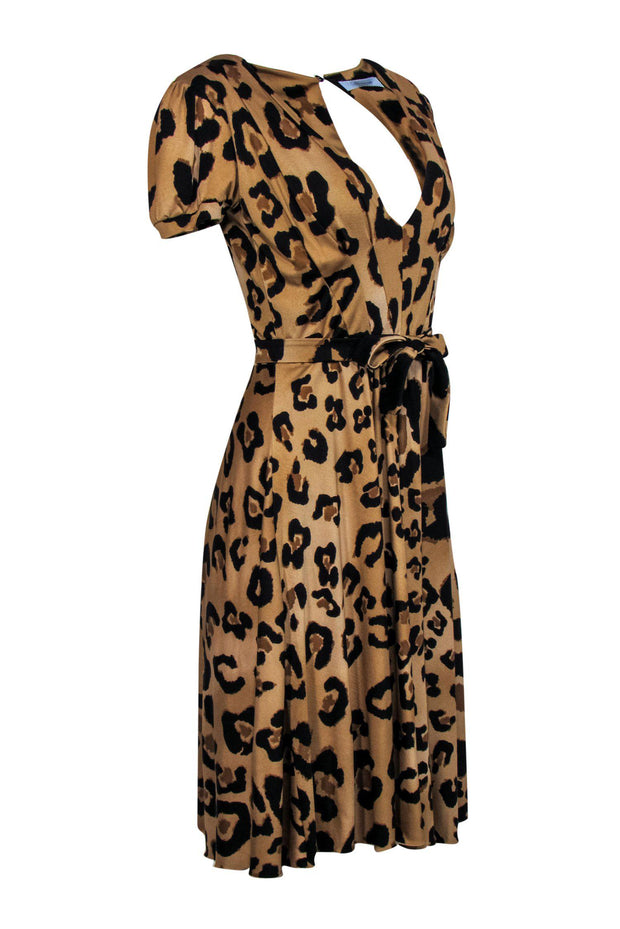 Current Boutique-Blumarine - Tan Leopard Print Short Sleeve Belted Silk A-Line Dress Sz 8