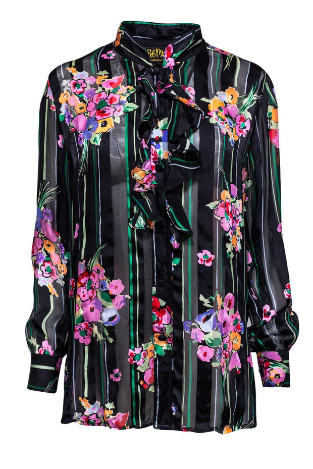 Current Boutique-Bob Mackie - Black & Multicolor Floral Silk Button-Up Sz S