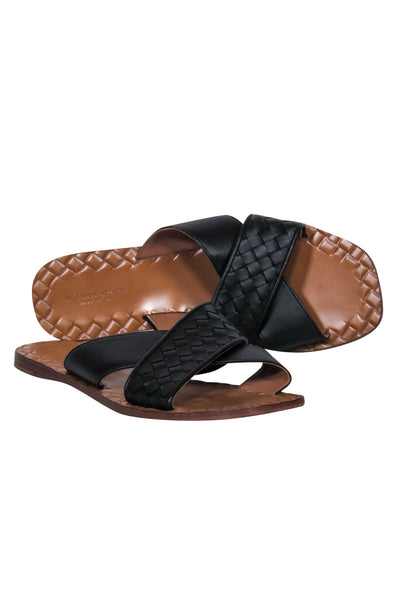Current Boutique-Bottega Veneta - Black & Tan Woven Leather Crisscross Slide Sandals Sz 8