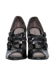 Current Boutique-Bottega Veneta - Brown Leather Peep Toe Pumps w/ Triple Buckle Straps Sz 6.5