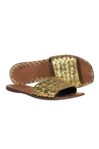 Current Boutique-Bottega Veneta - Gold Woven Slide Sandals Sz 9