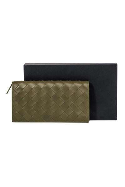 Current Boutique-Bottega Veneta - Olive Green Woven Leather Snap Wallet