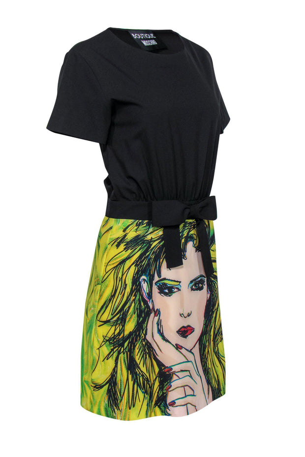 Current Boutique-Boutique Moschino - Black & Yellow A-Line Dress w/ Rocker Print Sz 6