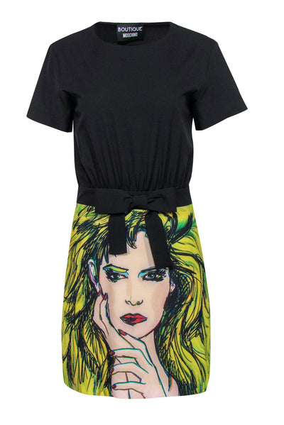 Current Boutique-Boutique Moschino - Black & Yellow A-Line Dress w/ Rocker Print Sz 6