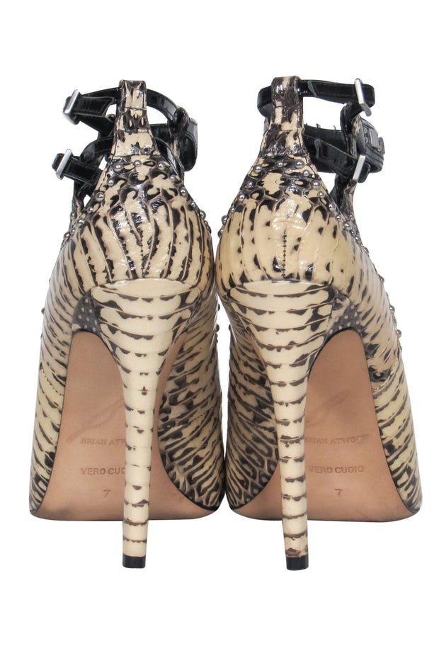 Current Boutique-Brian Atwood - Cream & Black Snakeskin Print Leather Studded Strappy Pumps Sz 7