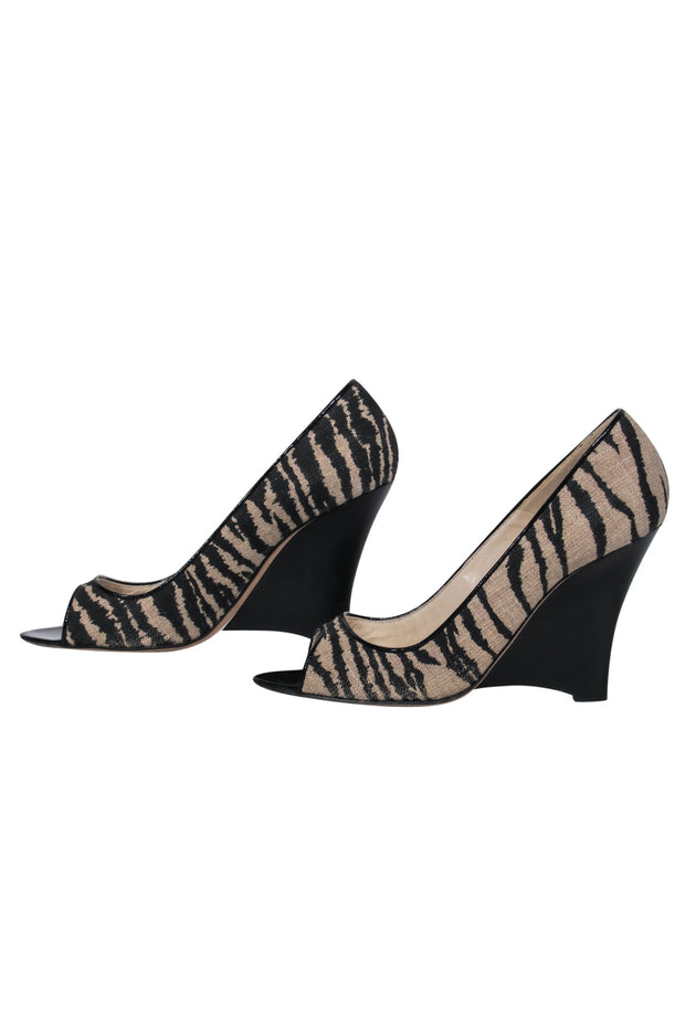 Current Boutique-Brian Atwood - Tan & Black Woven Zebra Print Peep-Toe Wedges Sz 8