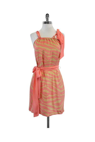 Current Boutique-Britt Ryan - Coral & Tan Tie Waist Silk Dress Sz 6