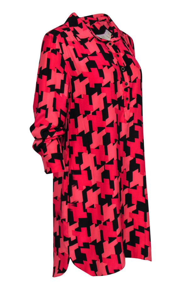 Current Boutique-Britt Ryan - Pink & Black Herringbone Print Button-Front Shift Dress Sz L