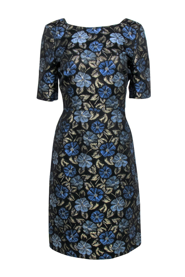 Current Boutique-Brooks Brothers - Black, Blue & Gold Floral Print Sheath Dress Sz 10