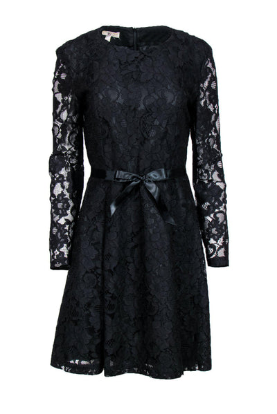 Current Boutique-Brooks Brothers - Black Floral Lace Long Sleeve Fit & Flare Dress w/ Tie Belt Sz 8