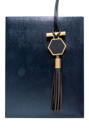 Current Boutique-Brooks Brothers - Black Leather & Gold Hexagonal Tassel Necklace