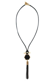 Current Boutique-Brooks Brothers - Black Leather & Gold Hexagonal Tassel Necklace