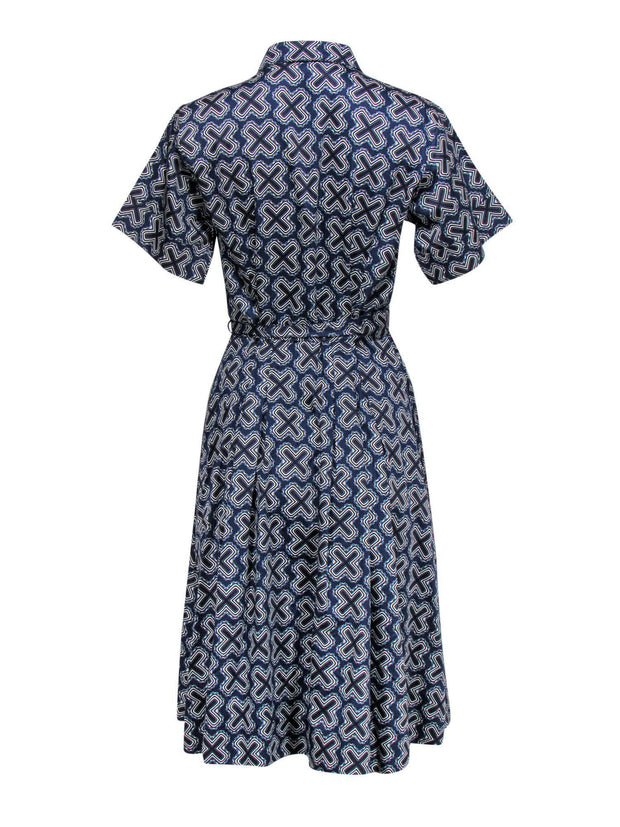 Current Boutique-Brooks Brothers - Blue Printed Button-Up Midi Dress w/ Tie Sz 6