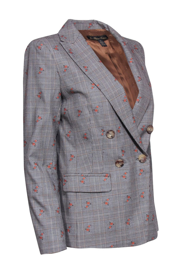 Current Boutique-Brooks Brothers - Grey Plaid Cotton & Wool Double Breasted Blazer w/ Orange Flowers Sz 8