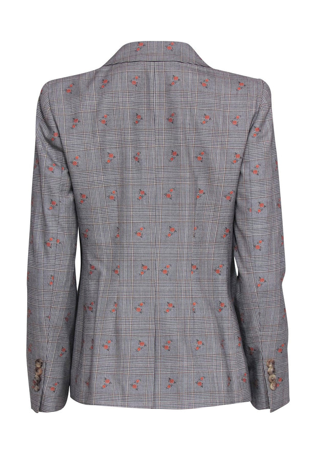 Current Boutique-Brooks Brothers - Grey Plaid Cotton & Wool Double Breasted Blazer w/ Orange Flowers Sz 8