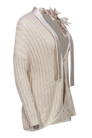 Current Boutique-Brunello Cucinelli - Cream Knit Longline Cardigan w/ Satin Neck Tie & Sequins Sz S