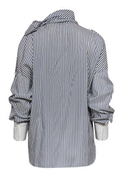 Current Boutique-Brunello Cucinelli - Grey & White Striped Silk Cold Shoulder Blouse Sz XL
