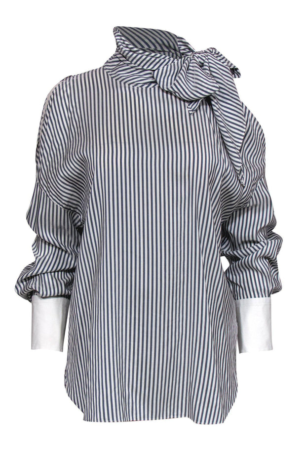 Current Boutique-Brunello Cucinelli - Grey & White Striped Silk Cold Shoulder Blouse Sz XL
