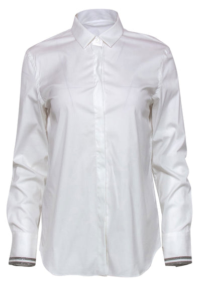Current Boutique-Brunello Cucinelli - White Cotton Blend Collared Blouse w/ Beaded Cuffs Sz L