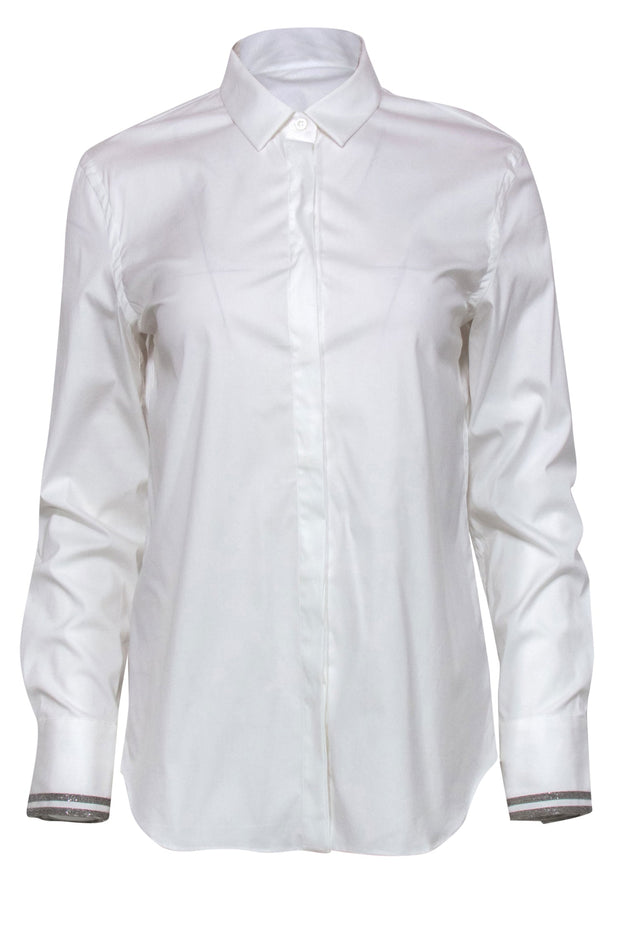 Current Boutique-Brunello Cucinelli - White Cotton Blend Collared Blouse w/ Beaded Cuffs Sz L
