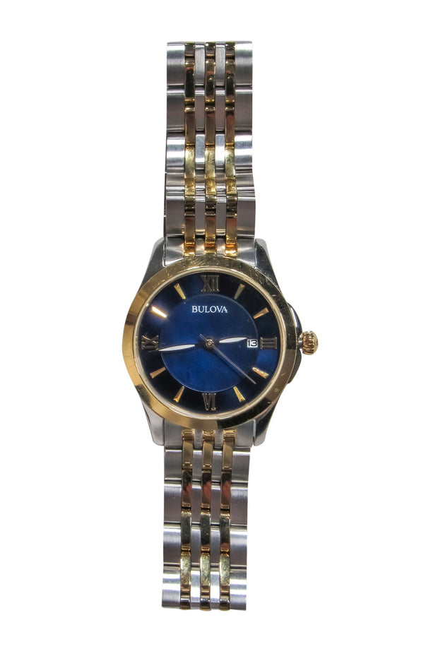 Current Boutique-Bulova - Silver & Gold Chain Link Watch w/ Navy Face