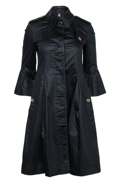 Current Boutique-Burberry - Black Button-Up Bell Sleeve Trench Coat Sz 2