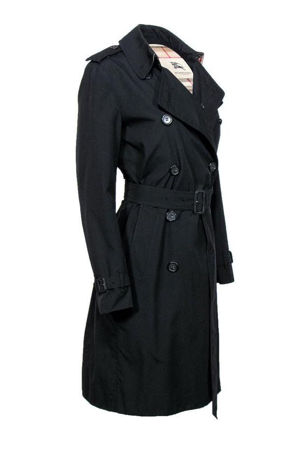 Current Boutique-Burberry - Black Double Breasted Longline Trench Coat w/ Tartan Plaid Lining Sz 12