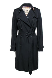 Current Boutique-Burberry - Black Double Breasted Longline Trench Coat w/ Tartan Plaid Lining Sz 12