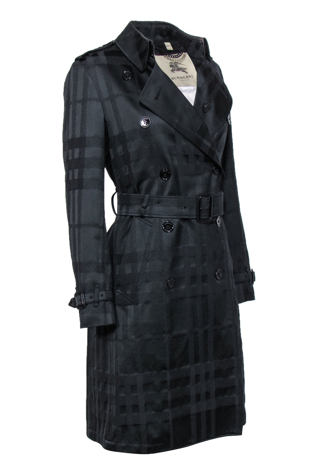 Burberry Black Plaid Textured Double Breasted Belted Trench Coat Sz Current Boutique