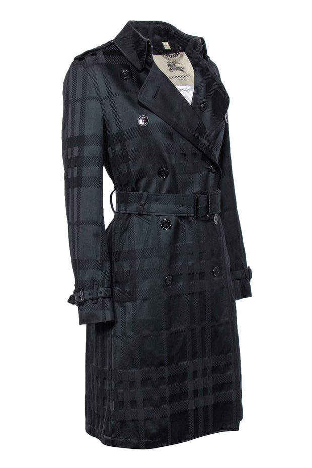Current Boutique-Burberry - Black Plaid Textured Double Breasted Belted Trench Coat Sz 8