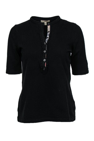 Current Boutique-Burberry - Black Short Sleeve Half Button-Up Polo Shirt w/ Ruffles & Tartan Plaid Sz M