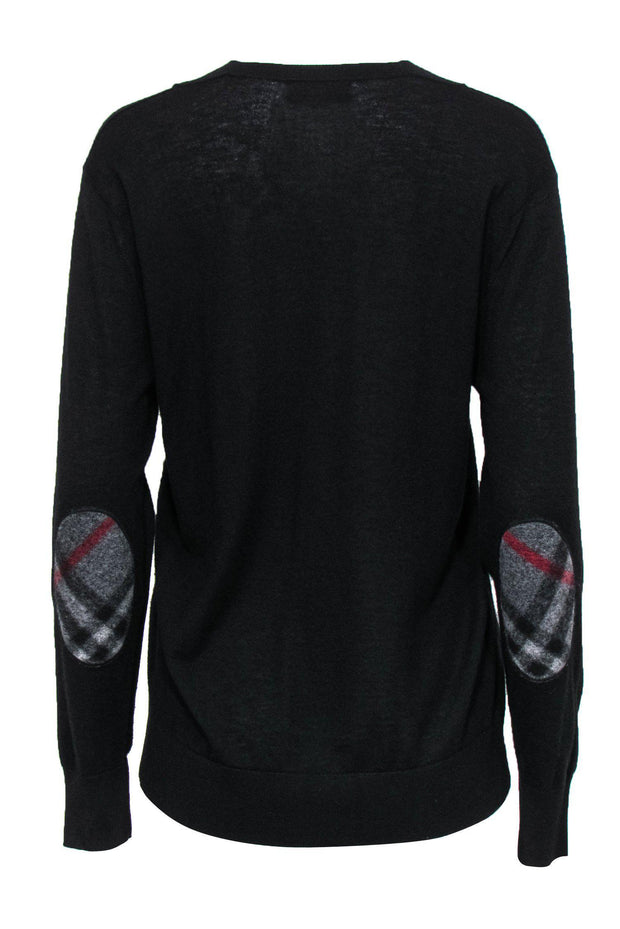 Burberry - Black V-Neck Cashmere Sweater w/ Plaid Elbow Patches Sz M –  Current Boutique