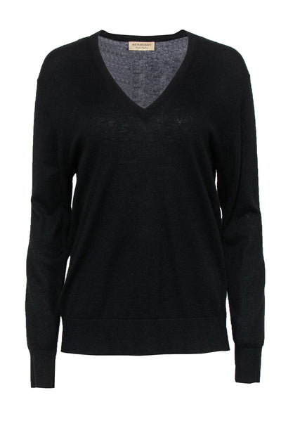 Current Boutique-Burberry - Black V-Neck Cashmere Sweater w/ Plaid Elbow Patches Sz M