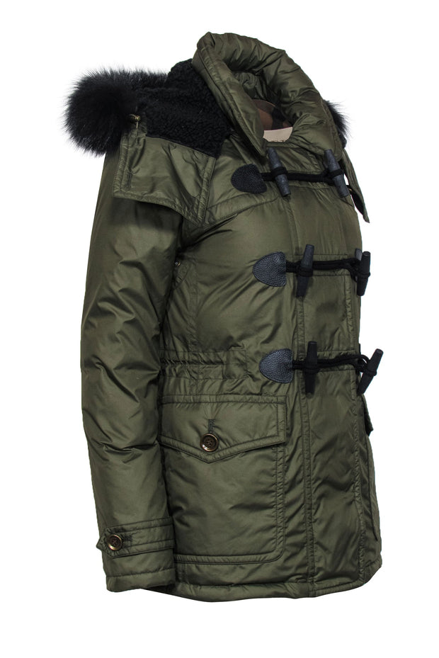Current Boutique-Burberry Brit - Olive Zip-Up Hooded Puffer Coat w/ Toggles & Faux Fur Trim Sz S