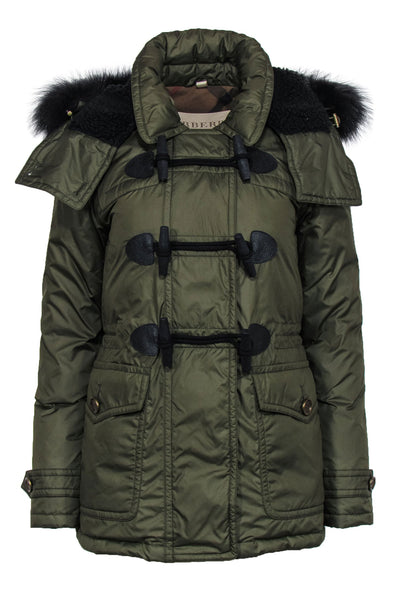 Current Boutique-Burberry Brit - Olive Zip-Up Hooded Puffer Coat w/ Toggles & Faux Fur Trim Sz S