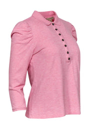 Current Boutique-Burberry Brit - Pink Puff Sleeve Half Button-Up Polo Top Sz L