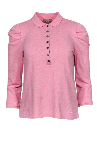 Current Boutique-Burberry Brit - Pink Puff Sleeve Half Button-Up Polo Top Sz L