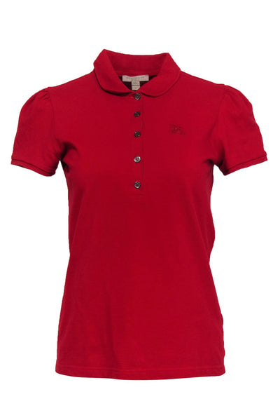 Current Boutique-Burberry Brit - Red Half Button-Up Puff Sleeve Polo w/ Logo Embroidery Sz M