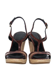 Current Boutique-Burberry - Brown Eyelet Leather & Tartan Print T-Strap Woven Wedges Sz 11